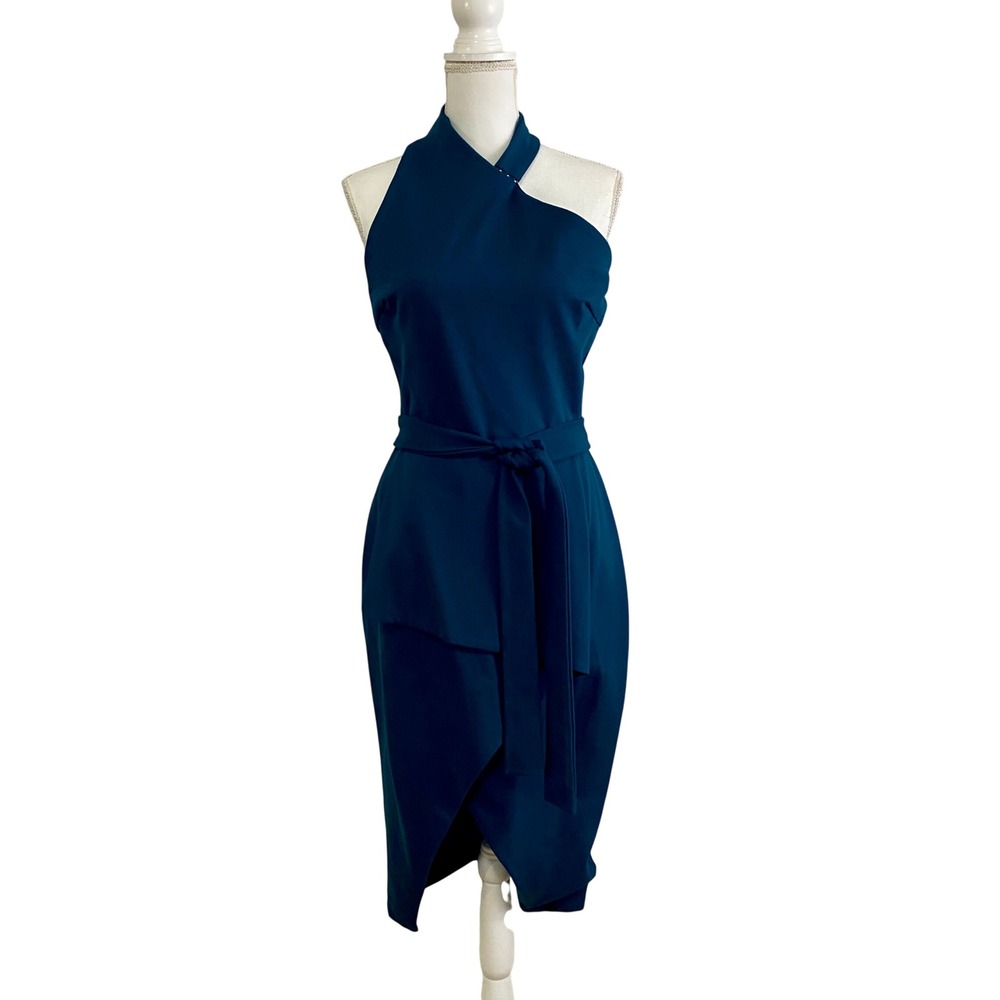 NWT Lavish Alice Asymmetric Tie Waist Midi Dress Women Size 8 Teal Blue